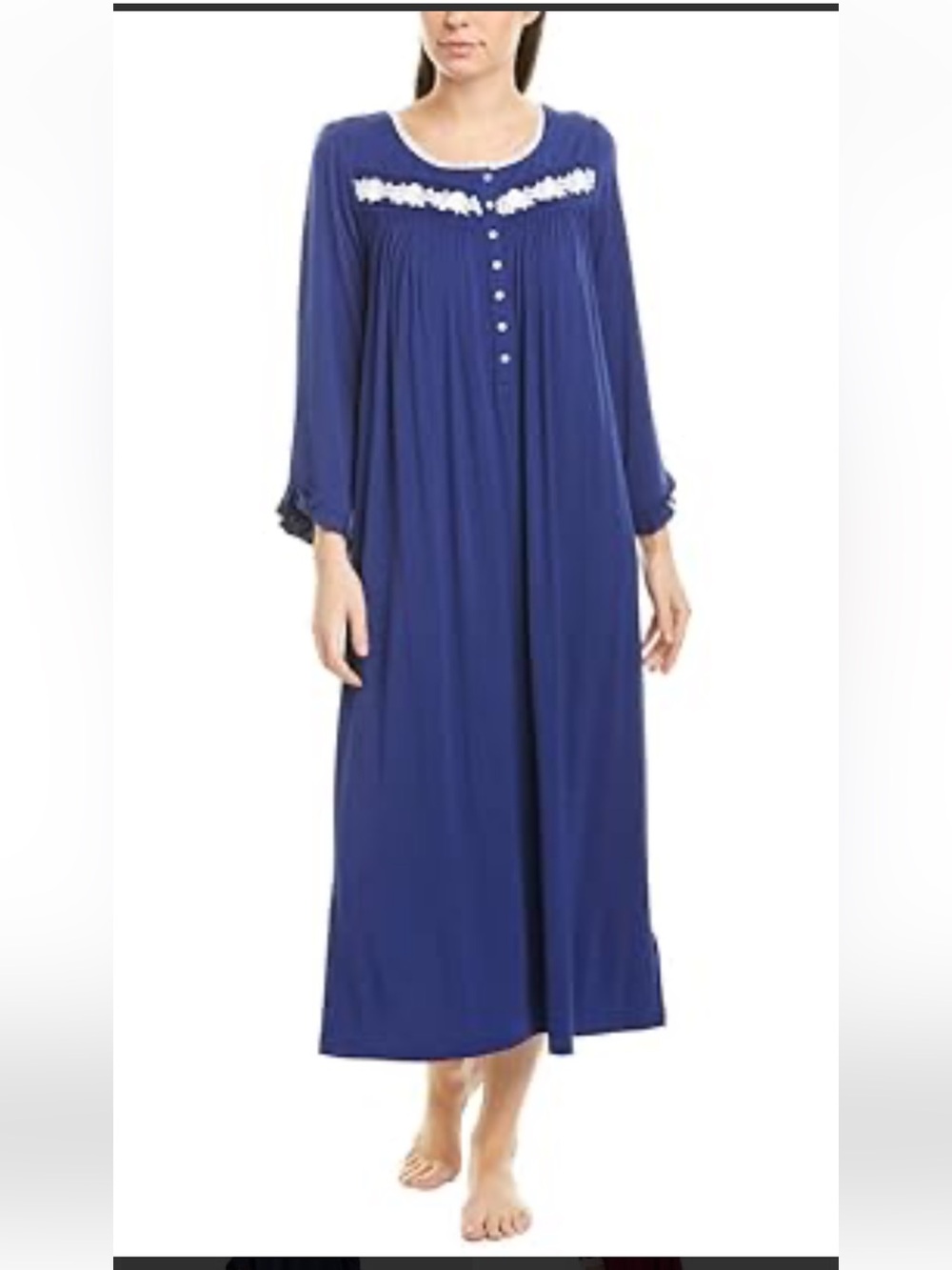 Eileen West Modal Nightgown w Floral Lace Trim and Angel Sleeves, Blue/White, XL